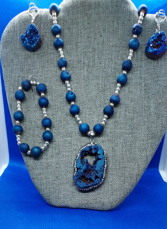 Blue Semiprecious Druzy Stone and Silver Plated Beads and Ear Wires