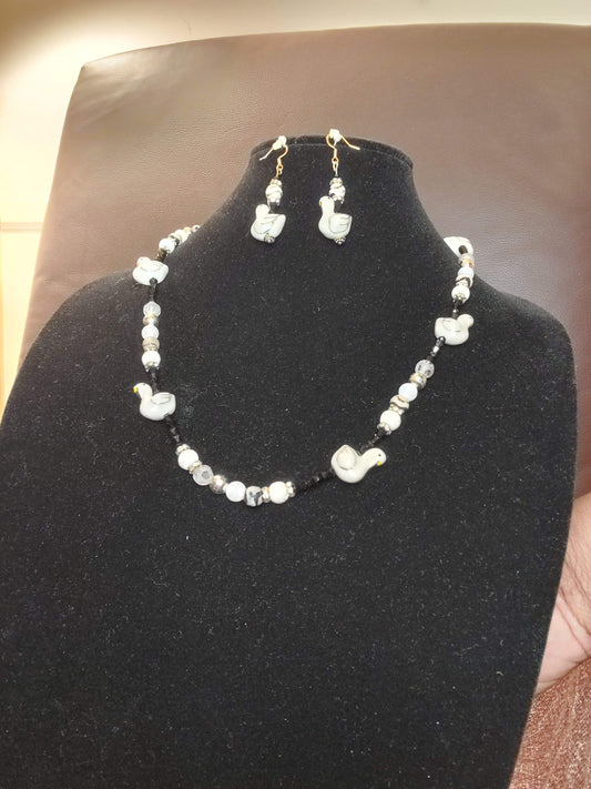 Black Bicones- White Jasper, Lava Beads