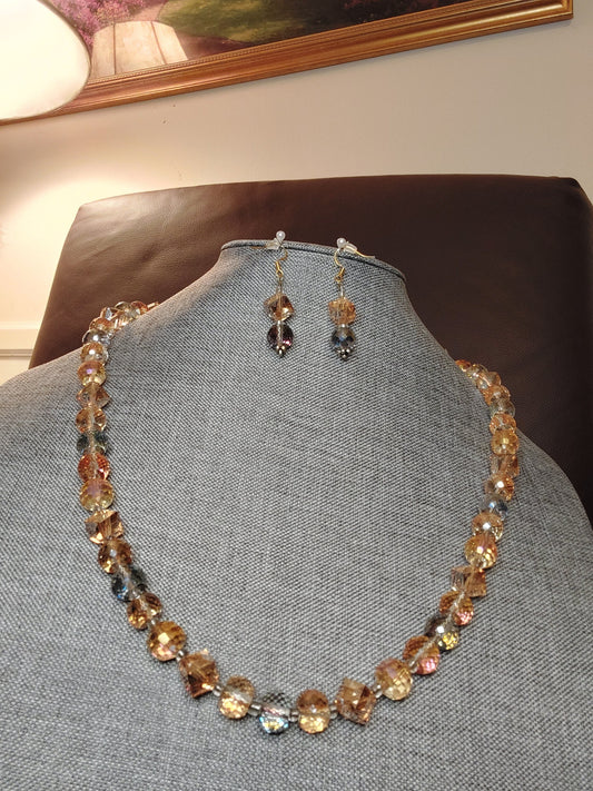 Gold and Blue/Grey Faceted Glass Crystals-Necklace 2 Piece set