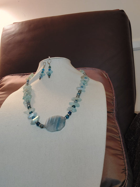 Blue striped Agate, Crystal Quartz chunks and rhinestones-Necklace 2 Piece set